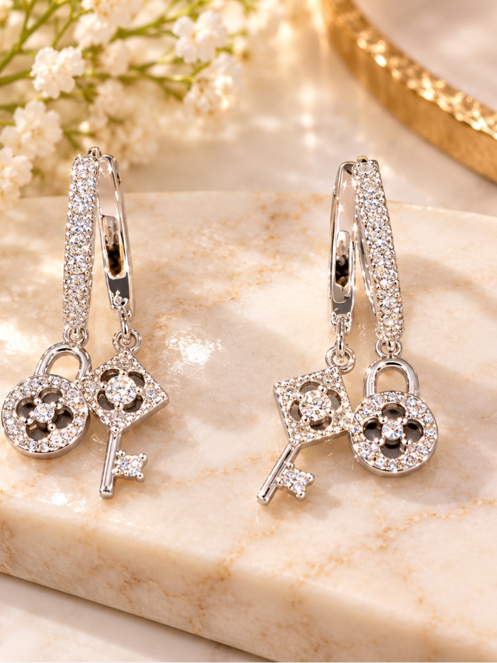 Sterling Silver Pavé Key & Lock Drop Earrings - Silver